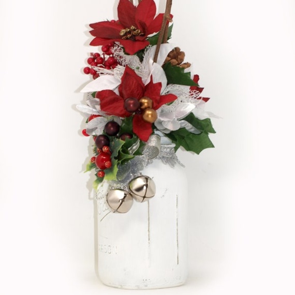 Holiday Ball Mason Jar Floral Arrangement Centerpiece, Poinsettia Flowers - Picture 5 of 10